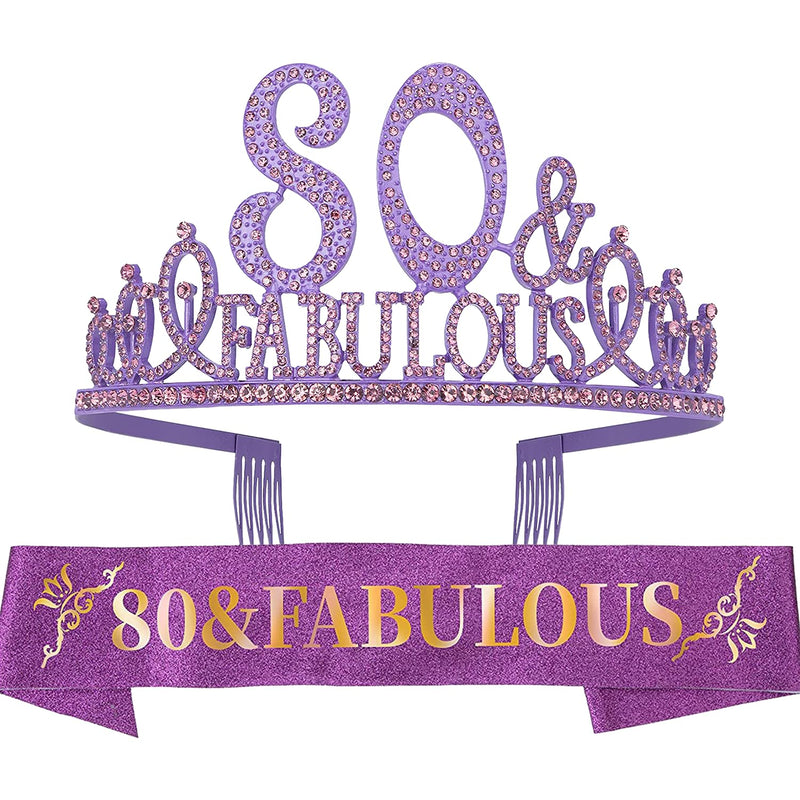 80th Birthday Sash and Tiara for Women - Fabulous Glitter Sash + Fabulous