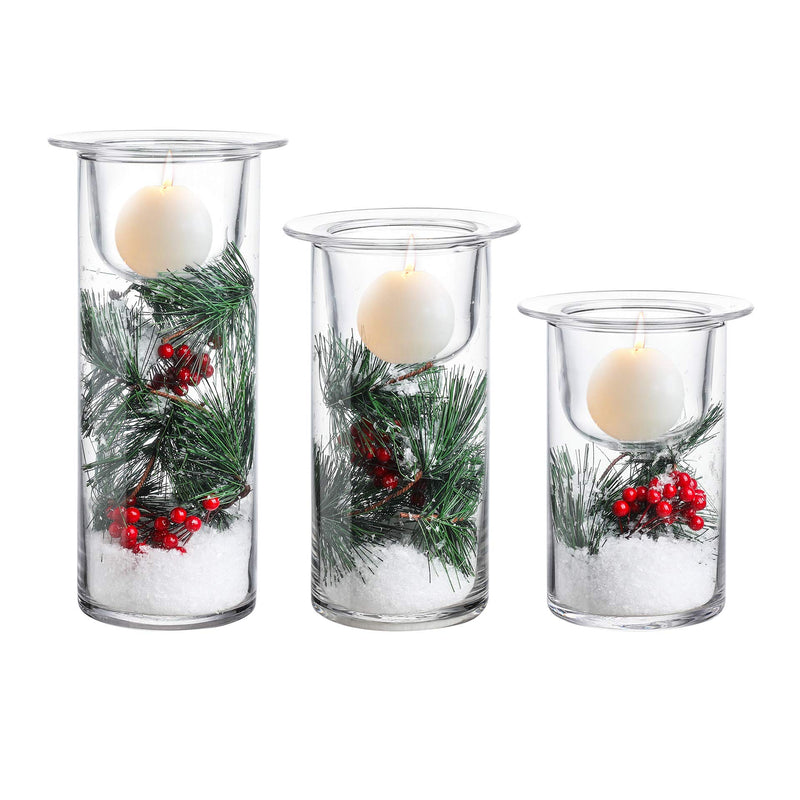 Glass Hurricane Candle Holder with Decorative Christmas Ornaments - 3