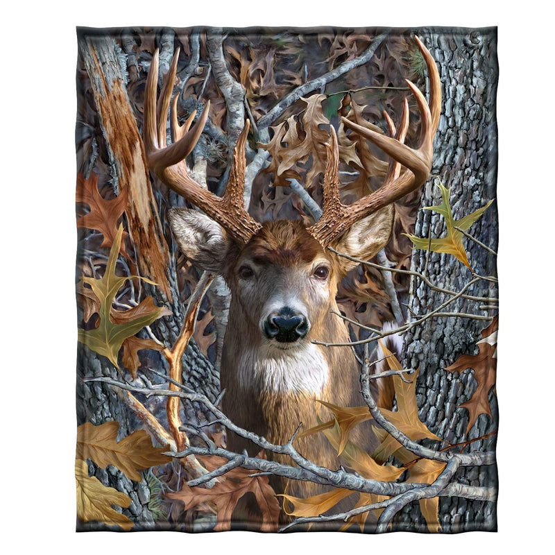 Camo Buck Deer Fleece Bed Blanket, 50" x 60" Woodland Fleece Throw