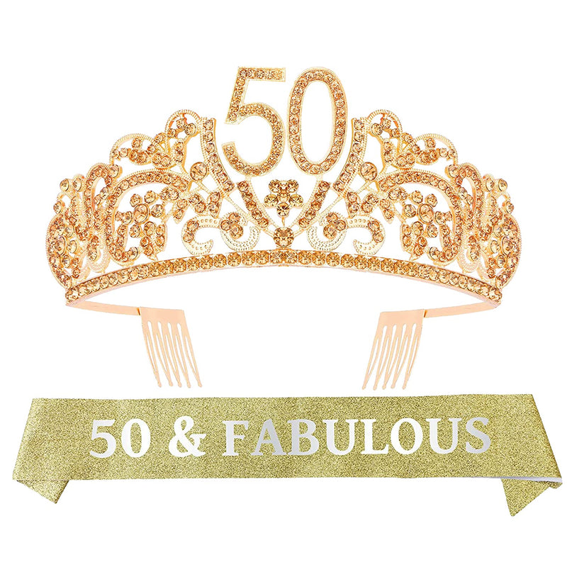 50th Birthday Sash and Tiara for Women - Fabulous Glitter Sash + Flowers