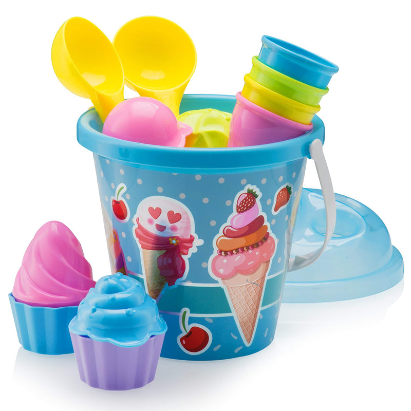 Kids Beach Toy Set with Bucket, Bucket and Spade Shovel - 16 Piece Ice Cream Blue Sand