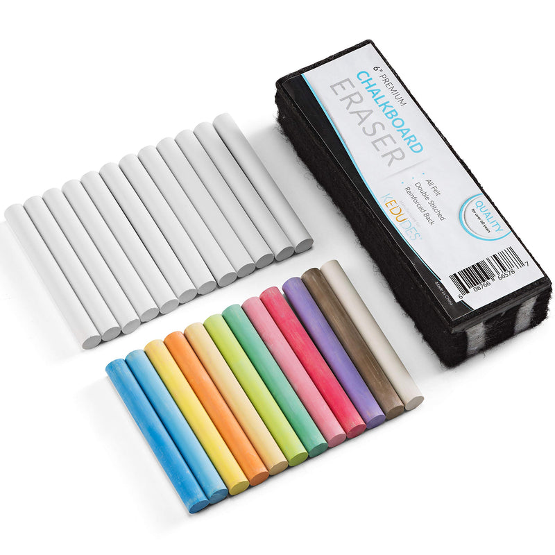 Dust-free chalk with eraser (24 pieces) - 12 colored chalk + 12 white chalk