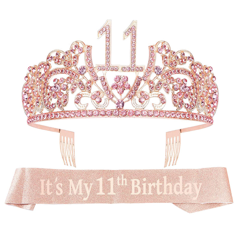 Girls 11th Birthday Sash and Tiara - Fabulous Glitter Sash + Flowers