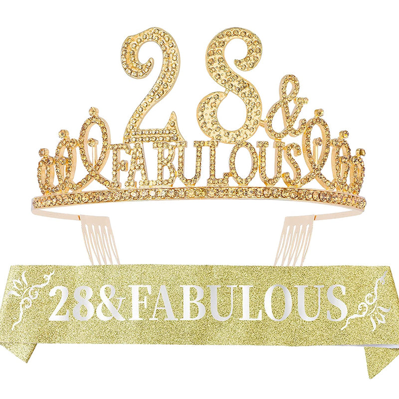 28th Birthday Sash and Tiara for Women - Fabulous Set: Glitter Sash + Fabulous