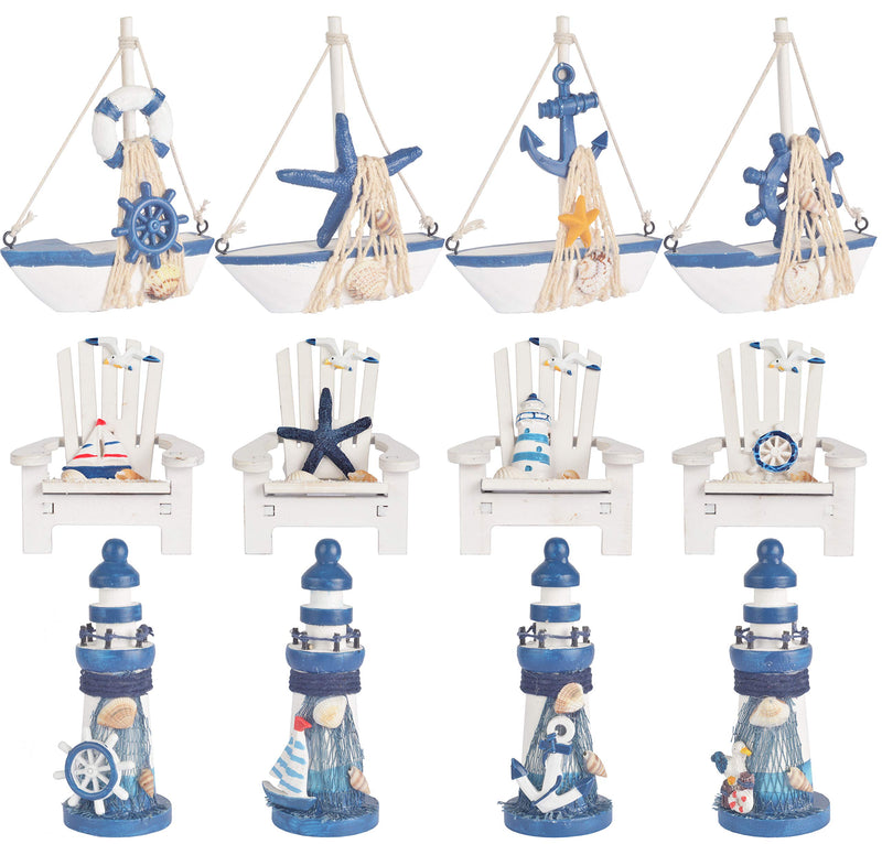 Set of 12 Handmade Wooden Lighthouse and Mini Sailboat Model Decorations -