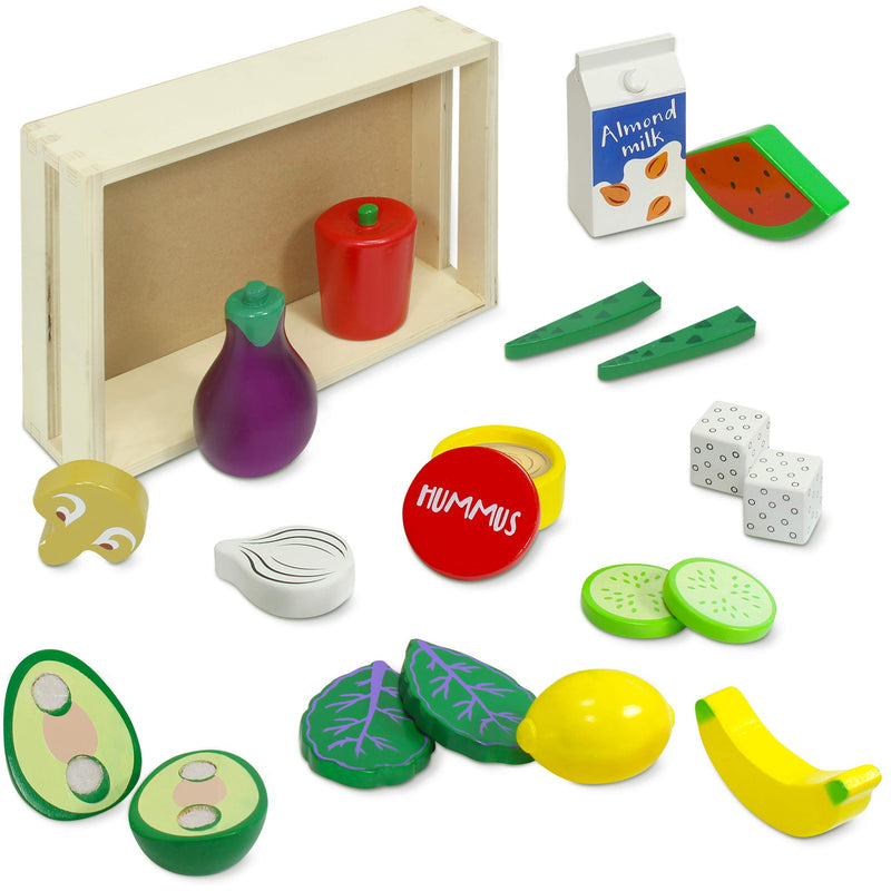 Vegan Wooden Toy with Wooden Box, 20 Piece Wooden Toy Meal Set for Kids