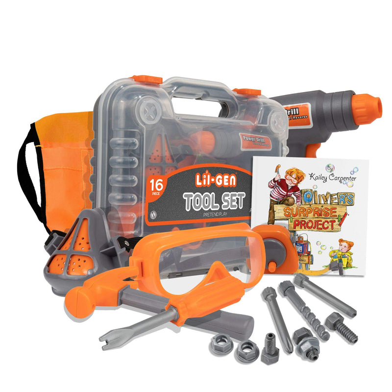 Tool set for children with book, 16-piece tools plus case - including Oliver&