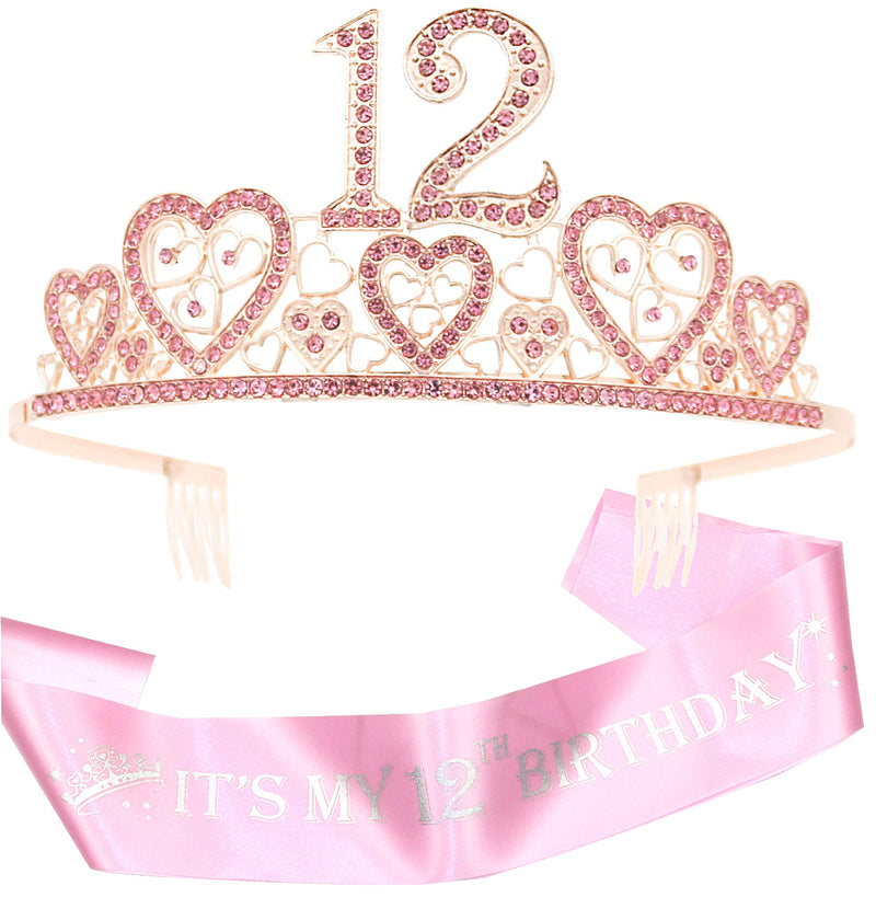 Girls 12th Birthday Sash and Tiara - Fabulous Glitter Sash + Hearts