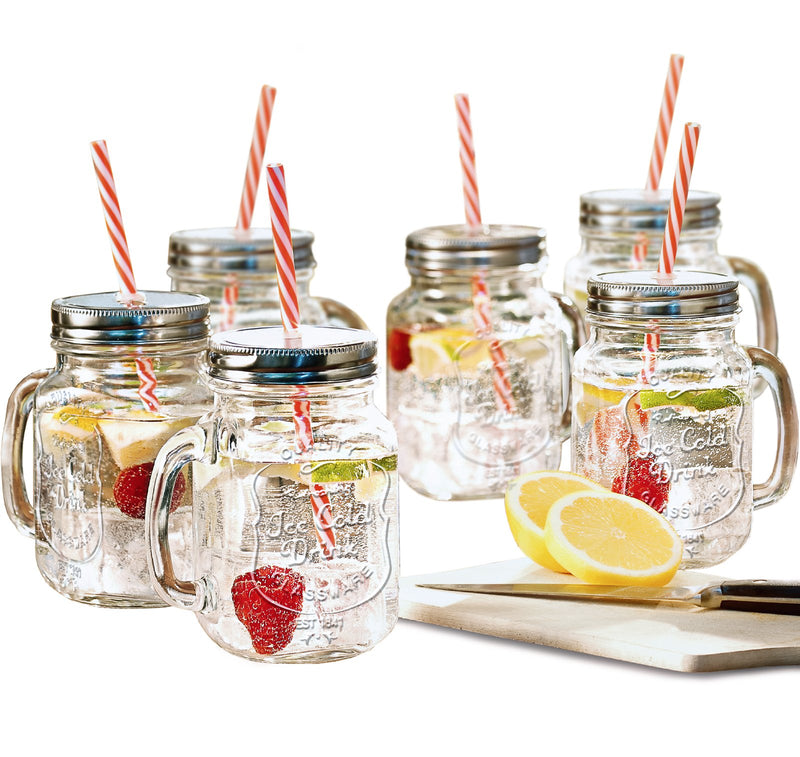 16oz Glass Mason Jars with Handles, Lids and Straw, Drinking Glasses, Cups, Tumblers