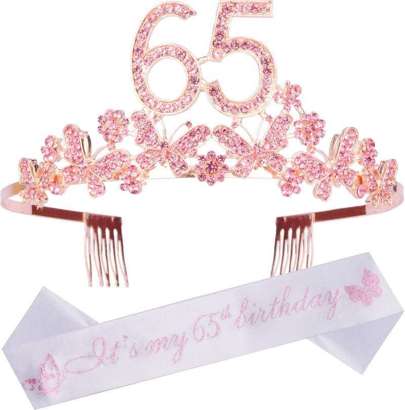 65th Birthday Sash and Tiara for Women - Fabulous Glitter Sash + Butterflies