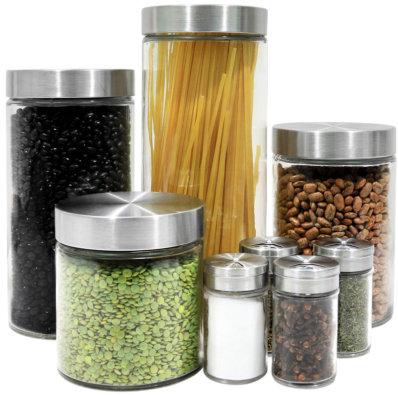 8-piece set of glass canisters and spice jars with stainless steel screw lids