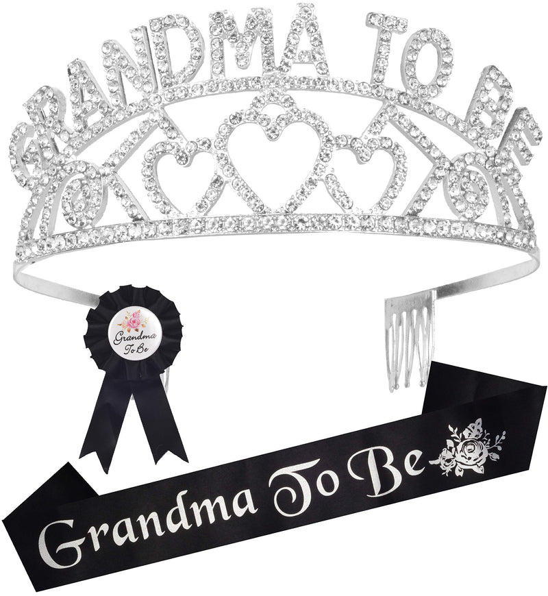 Baby Shower Decorations for Grandma-to-be Silver Metal Tiara + Black and Silver