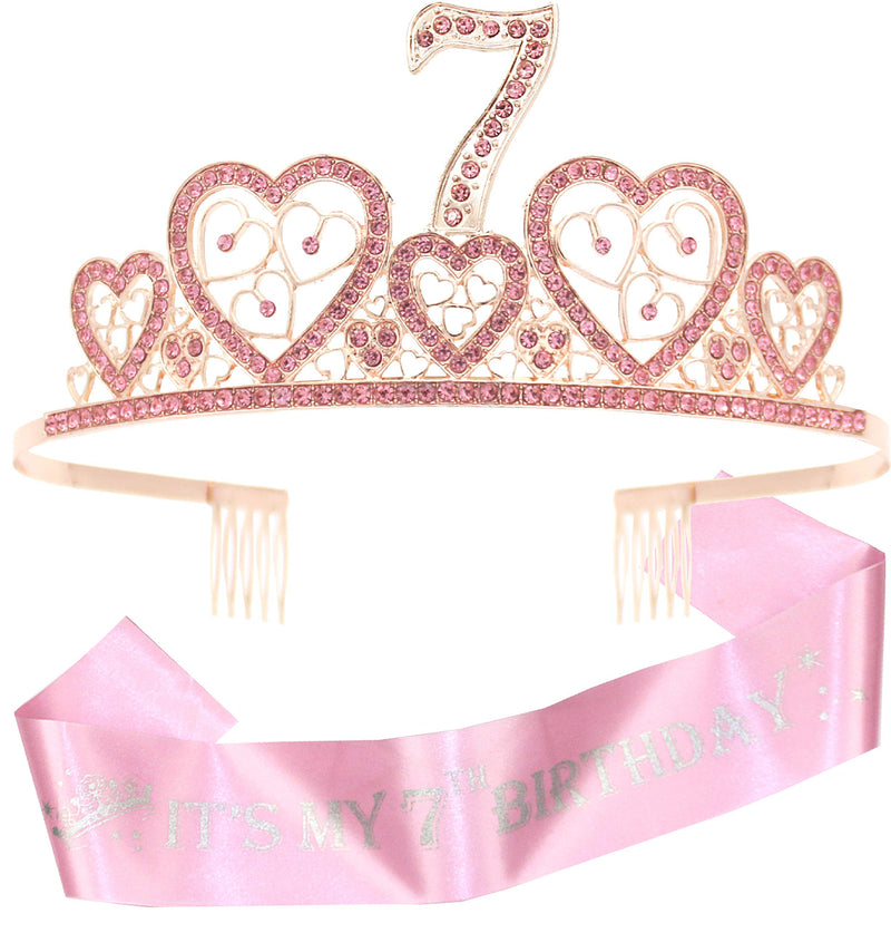 Girls 7th Birthday Sash and Tiara - Fabulous Glitter Sash + Hearts