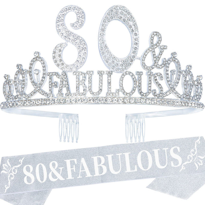 80th Birthday Sash and Tiara for Women - Fabulous Glitter Sash + Fabulous