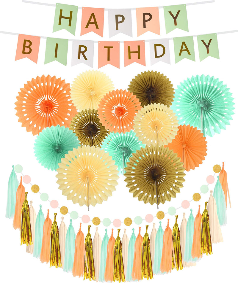 Happy Birthday wall banner in pink, green, white, mint gold, glitter, peach cream, paper