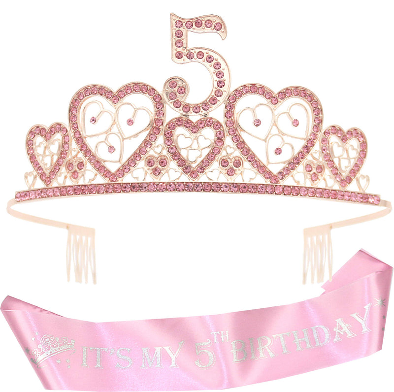 Girls 5th Birthday Sash and Tiara - Fabulous Glitter Sash + Hearts