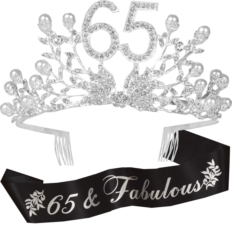 65th Birthday Sash and Tiara for Women - Fabulous Glitter Sash + Botanic