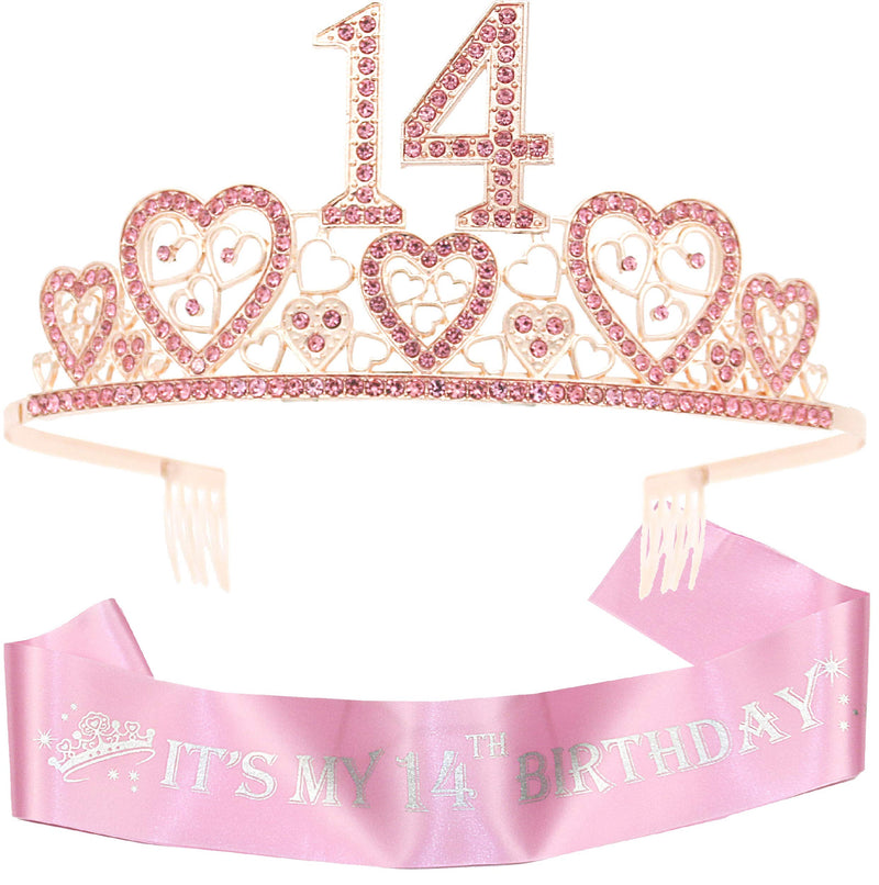 Girls 14th Birthday Sash and Tiara - Fabulous Set: Glitter Sash + Hearts