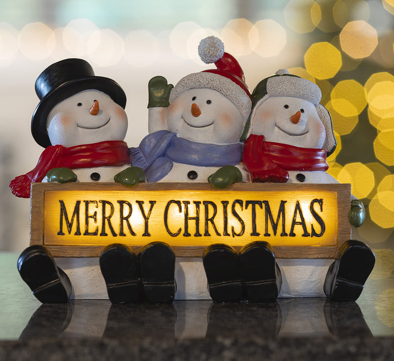 Glowing Merry Christmas Sign Trio Led Snowman Decor Christmas Figures Resin.