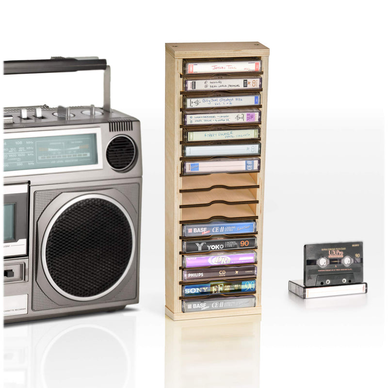 Cassette storage box with 16 wooden compartments for cassettes