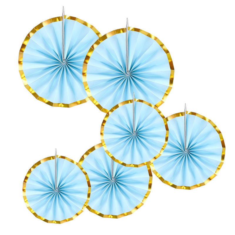 Paper Fans - Blue and Gold - Set of 6 3D Hanging Fans for Birthday Baby Shower