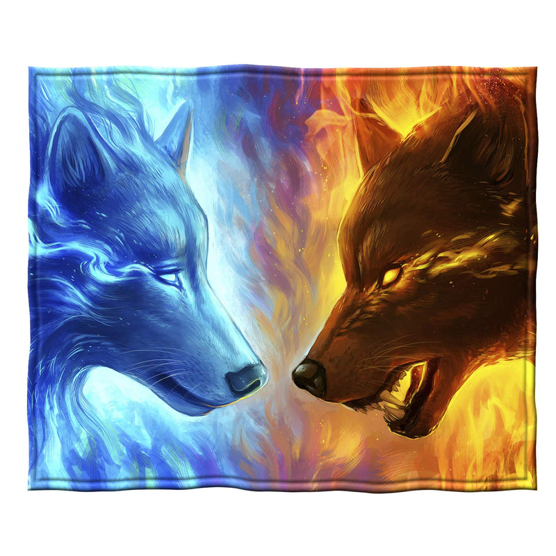 Fire and Ice Wolves Fleece Bed Blanket, 50" x 60" Wolf Fleece Throw