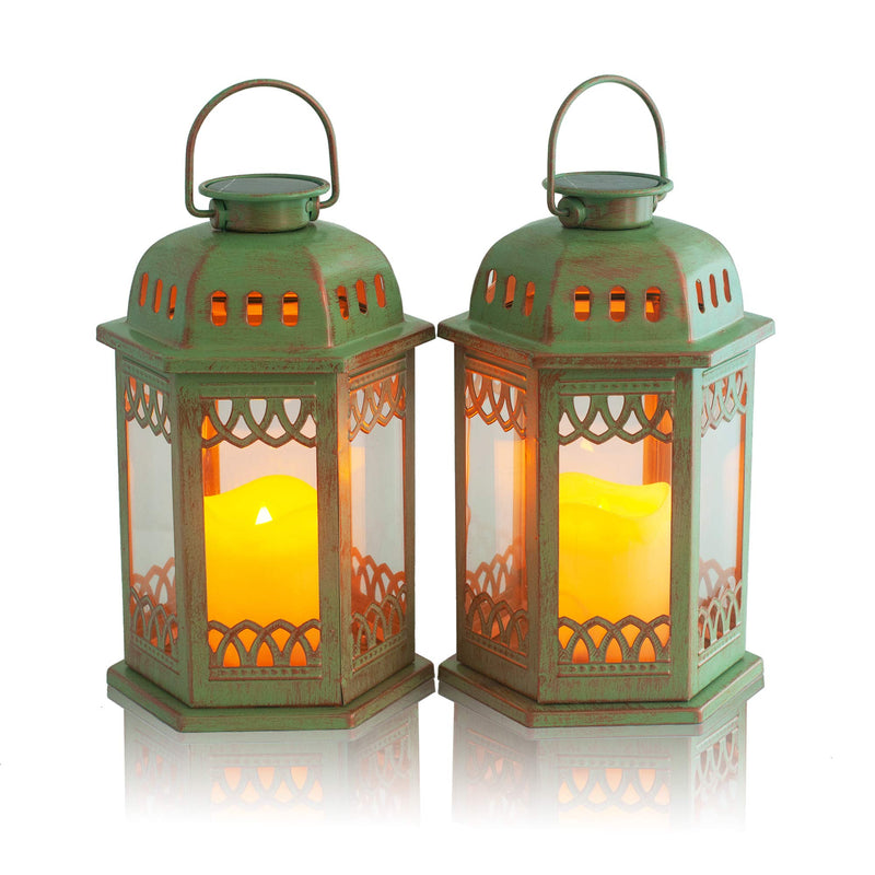 Solar lanterns pack of 2 green - hanging solar lights with flickering candle LED