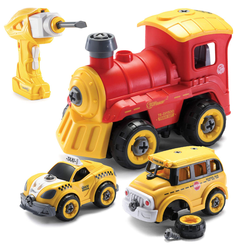 Toy trucks disassemble toys with electric drill and convert into a remote control car