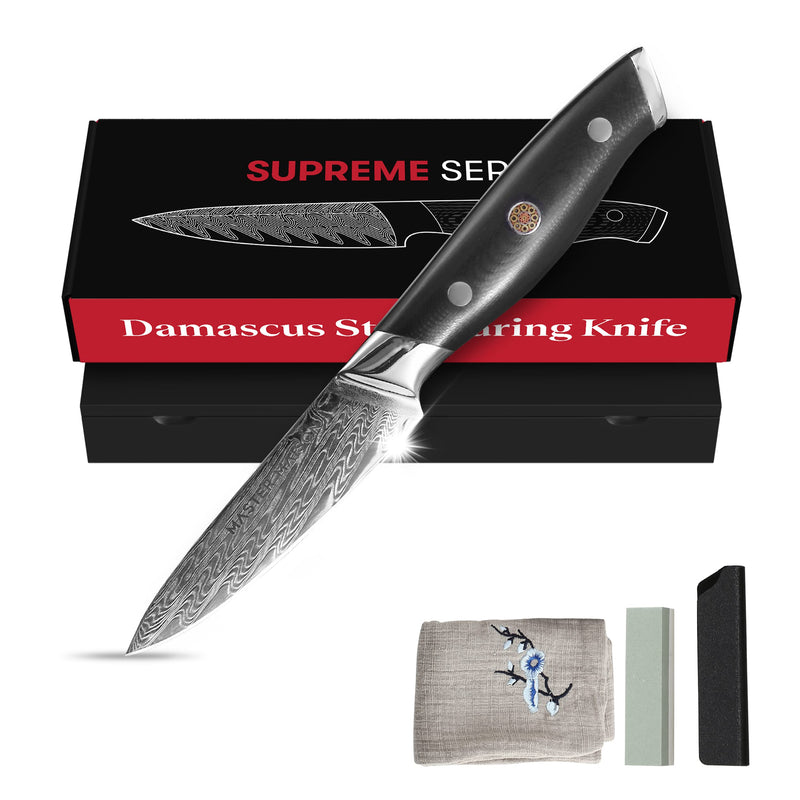 35-inch Damascus steel paring knife with full-length handle, sheath and storage box