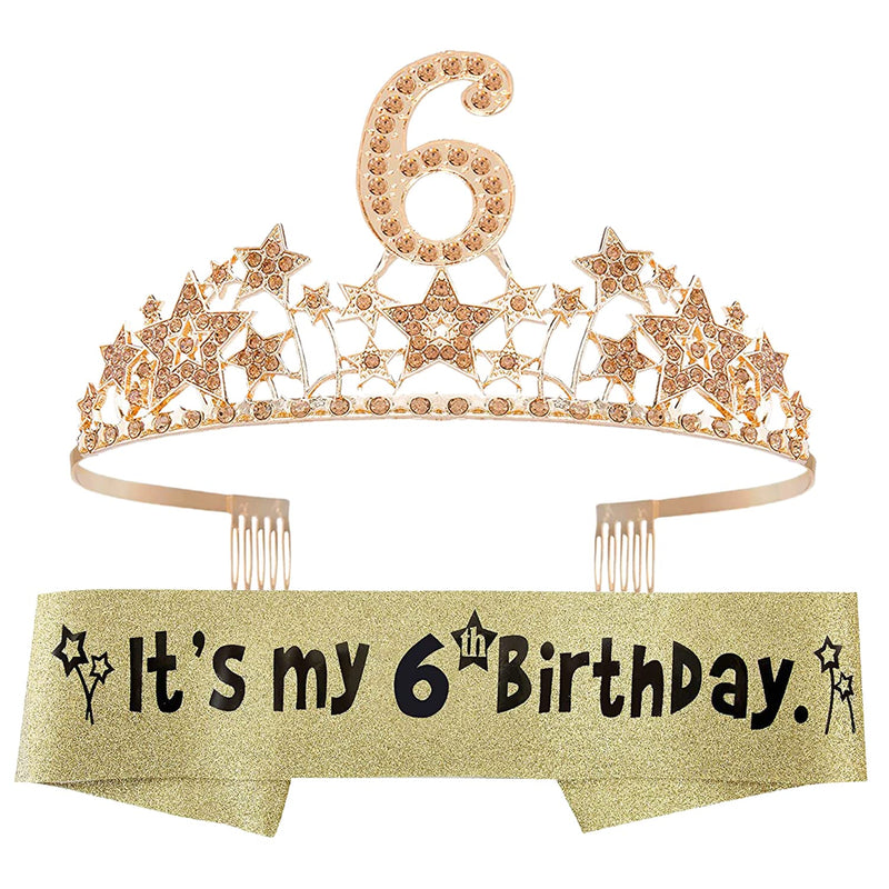 Girls 6th Birthday Sash and Tiara - Fabulous Glitter Sash + Starry Sky