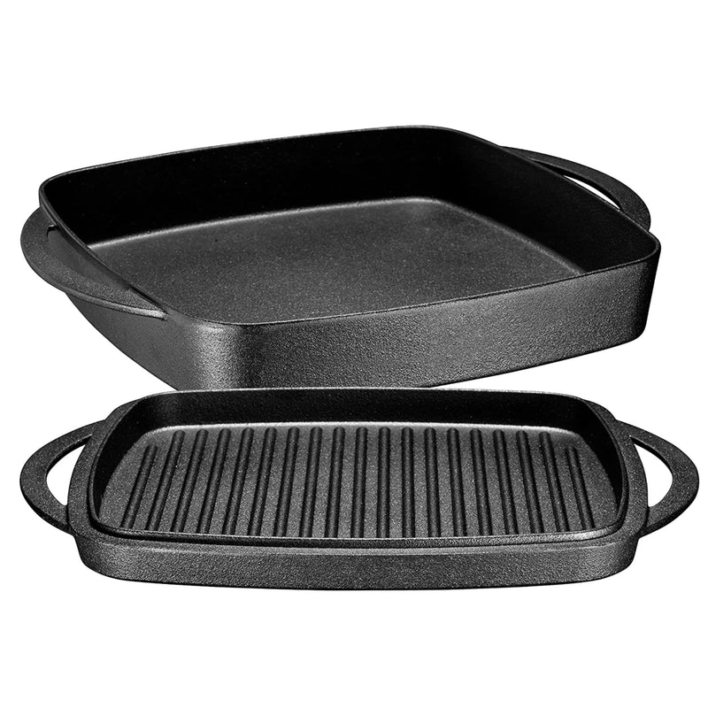 2-in-1 pre-seasoned cast iron square dutch oven with two handles and non-stick pan