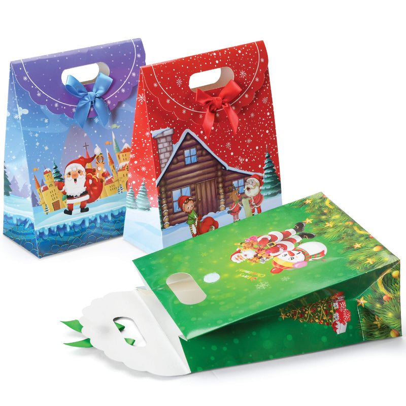 Winter and Holiday Gift Bags with Ribbon and Adhesive Closure - Pack of 12