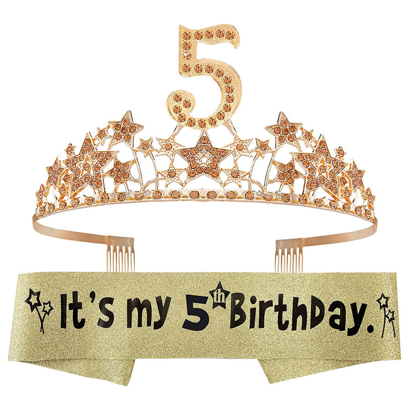 Girls 5th Birthday Sash and Tiara - Fabulous Glitter Sash + Starry Sky