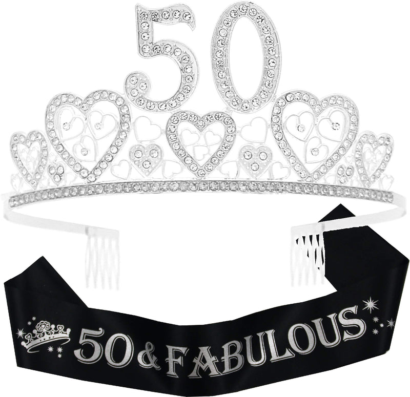 50th Birthday Sash and Tiara for Women - Fabulous Glitter Sash + Hearts