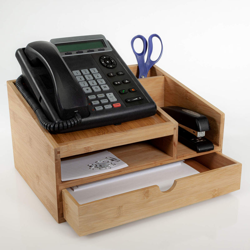 Natural bamboo phone stand and desk organizer with pull-out paper