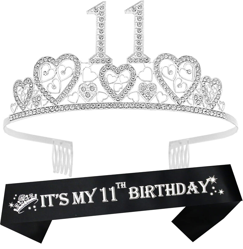 Girls 11th Birthday Sash and Tiara - Fabulous Glitter Sash + Hearts