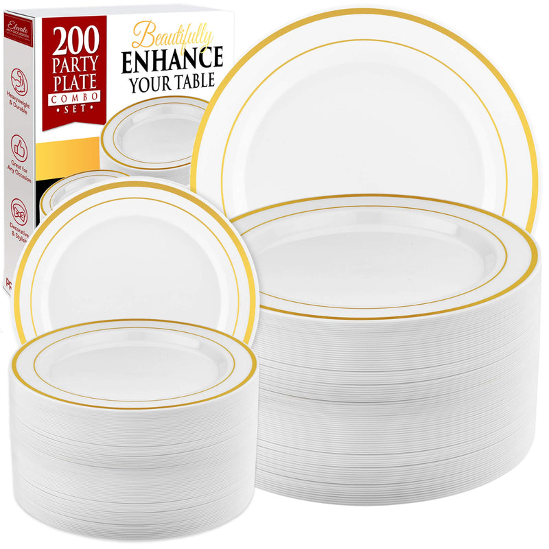 200 pieces gold plastic plates - 100 dinner plates and 100 salad plates, white + gold