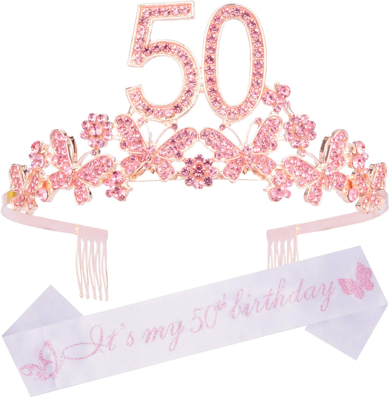 50th Birthday Sash and Tiara for Women - Fabulous Glitter Sash + Butterflies