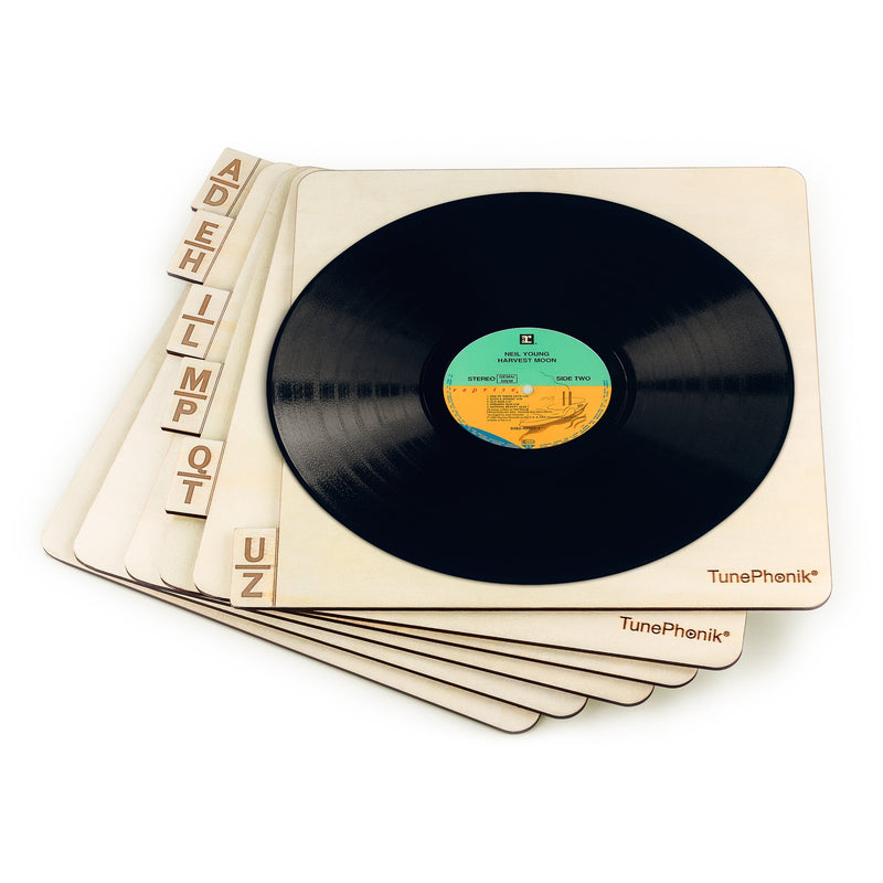 Horizontal laser cut wooden record organizers hold up to 12 vinyl LPs