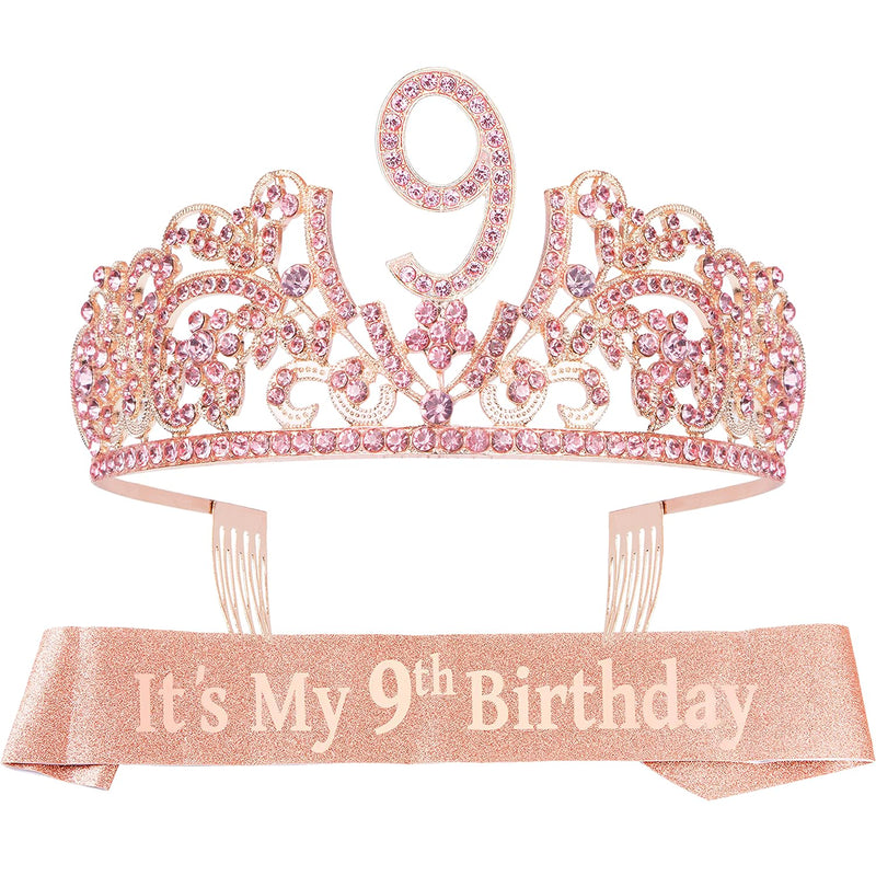 Girls 9th Birthday Sash and Tiara - Fabulous Glitter Sash + Flowers