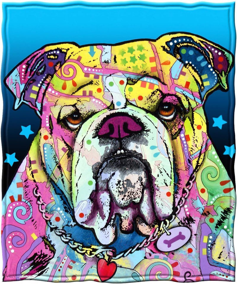 Colorful Bulldog Fleece Bed Blanket 50" x 60" Dean Russo Bulldog Fleece