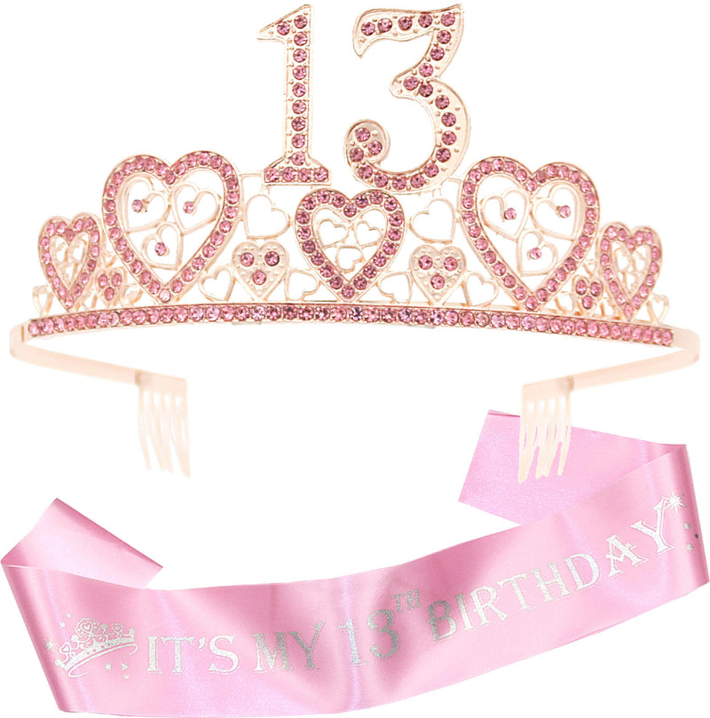 Girls 13th Birthday Sash and Tiara - Fabulous Set: Glitter Sash + Hearts