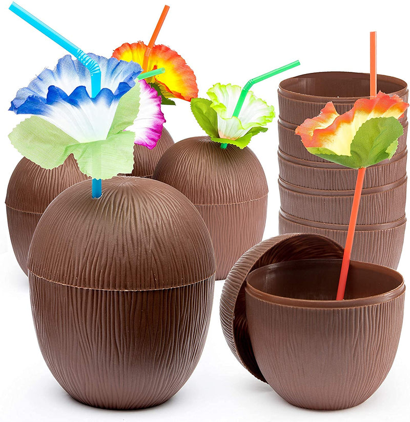 Coconut cups with floral straws and twist lids (pack of 12) for the luau party