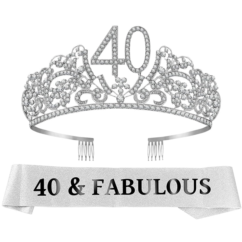 40th Birthday Sash and Tiara for Women - Fabulous Glitter Sash + Flowers