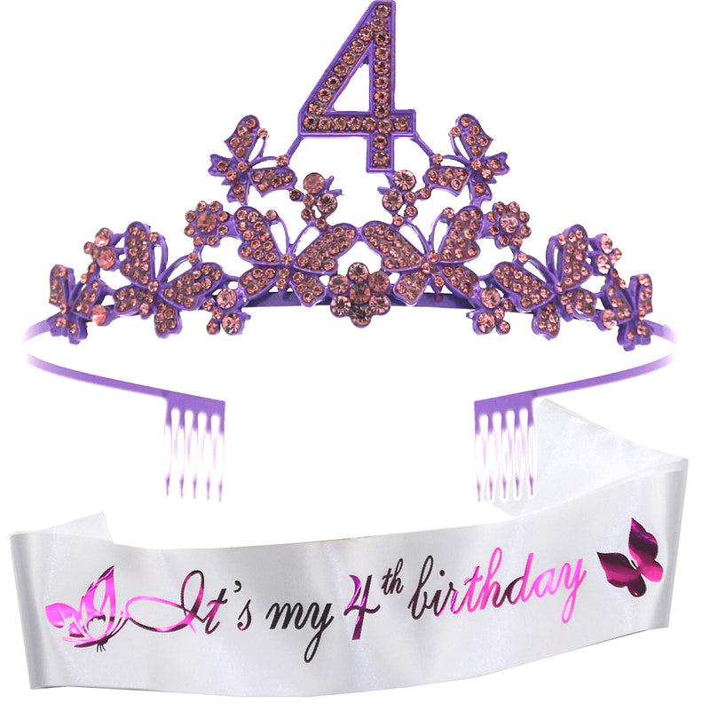 Girls 4th Birthday Sash and Tiara Set - Glitter Sash + Rhinestone Tiara