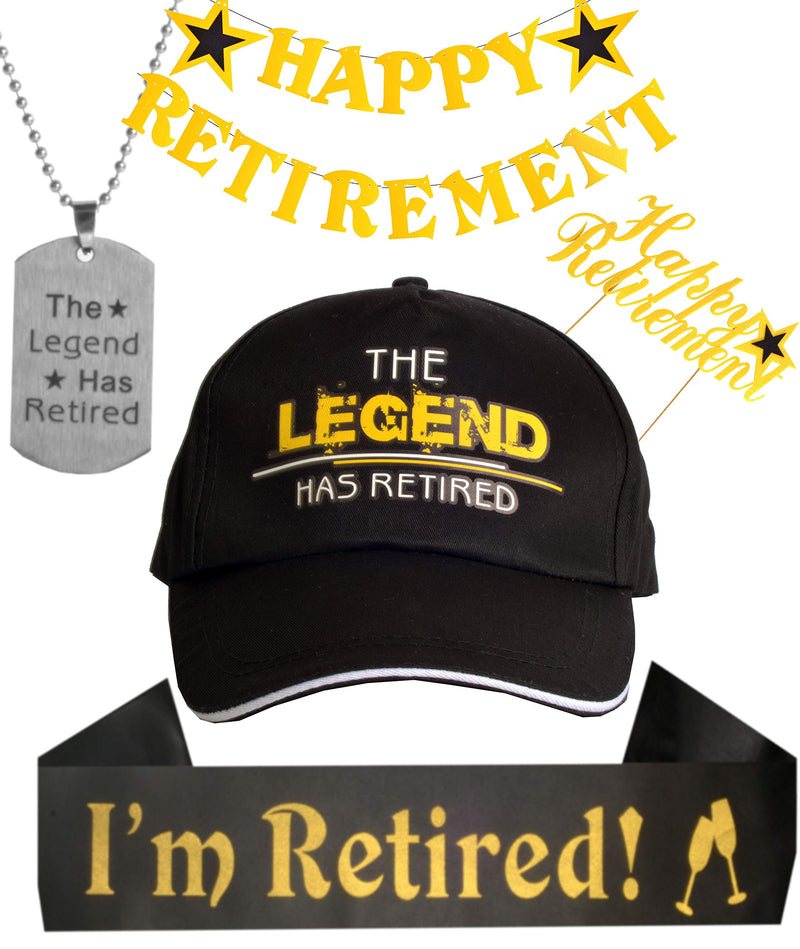 Happy Retirement banner, The Legend Has Retired sash and hat/baseball cap in gold,