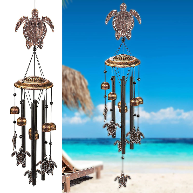 32" H Rustic Sea Green Tribal Turtle Wind Chimes for Outdoor Use, Unique Sea Turtle