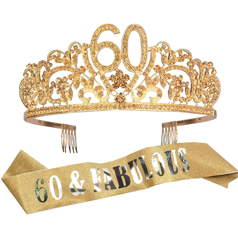 60th Birthday Sash and Tiara for Women - Fabulous Glitter Sash + Flowers