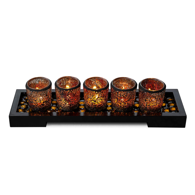 Mosaic Glass Candle Landscape Set in Wooden Tray - 16" Long with 5 Stained Glasses