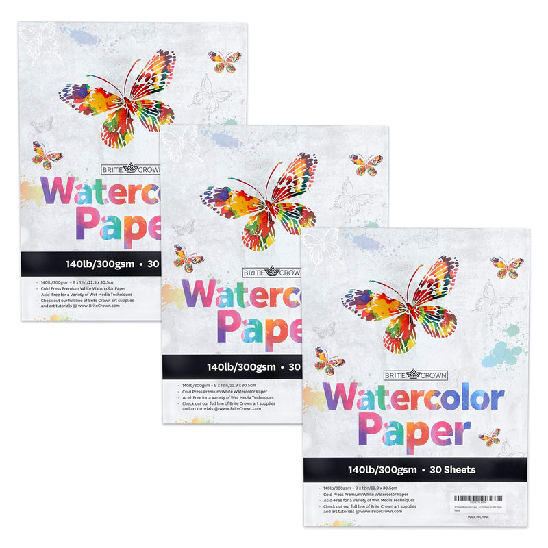 Watercolor Paper - 3 pads (90 sheets total) 140lb, 300gsm, bright white, cool